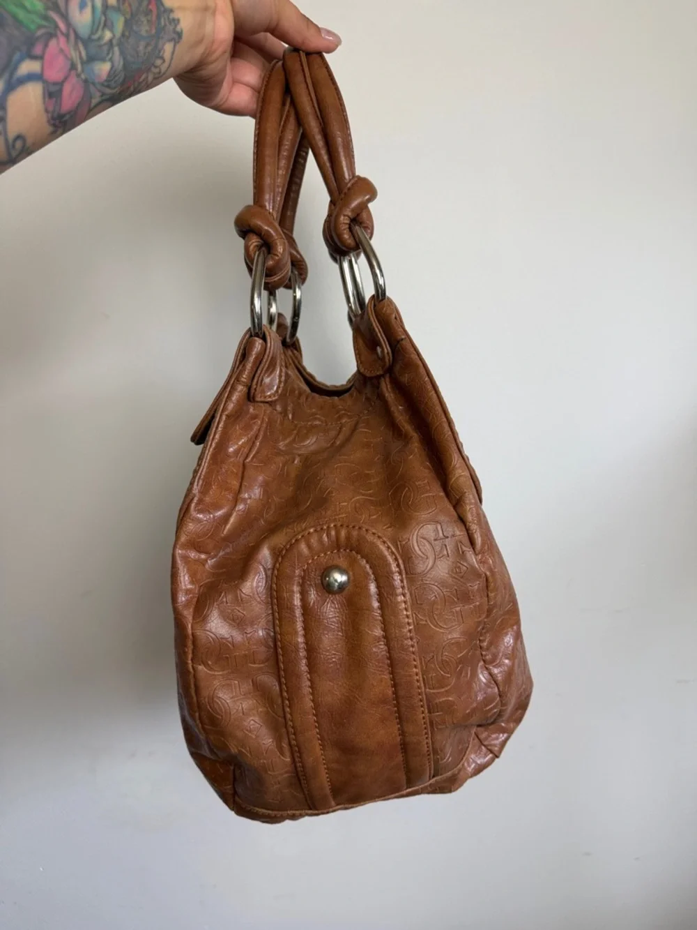 GUESS Vintage Brown Leather Hobo Bag Monogram Logo Y2K Shoulder Bag - Picture 5 of 14
